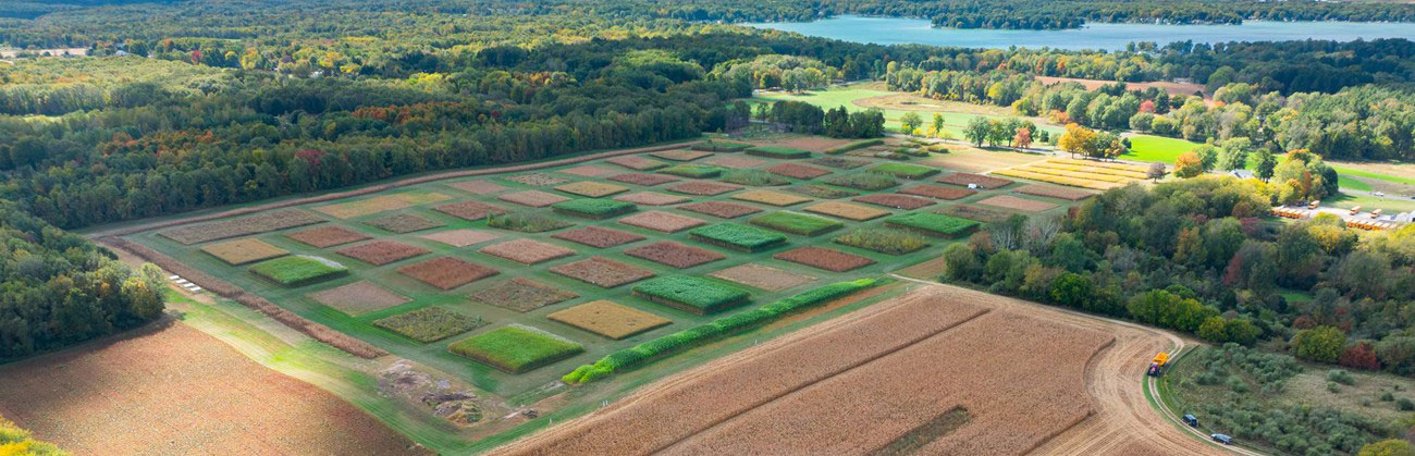 Aerial view of agricultural research plots at the W.K. Kellogg Biological Station.