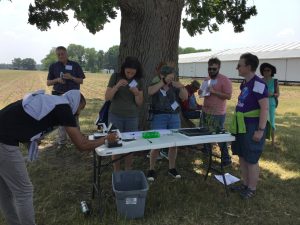 teachers looking in microscopes at seeds under the shade of an oak tree